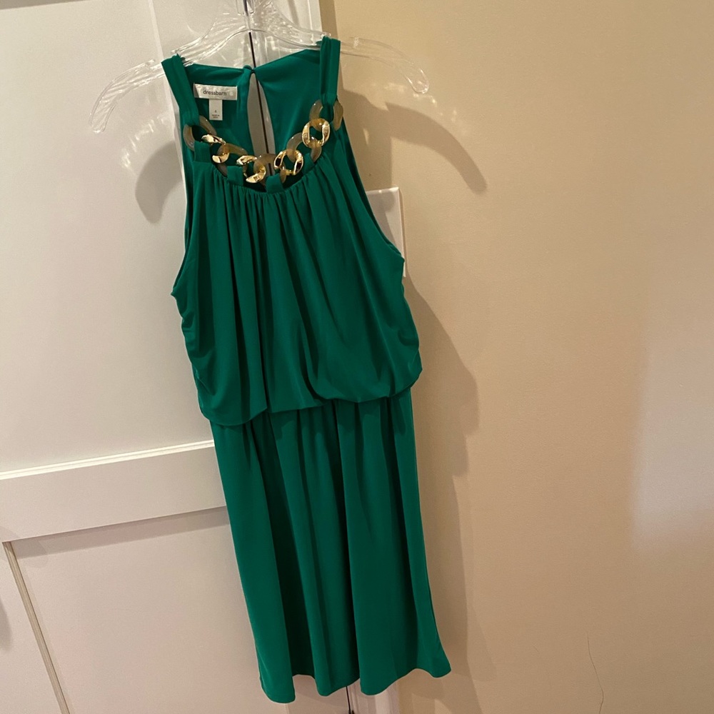 Dress Barn Emerald Green Dress with Gold Necklace